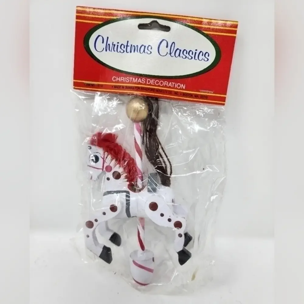 NWT Vintage Bradford Novelty Company White Wood Carousel Horse Ornament‎